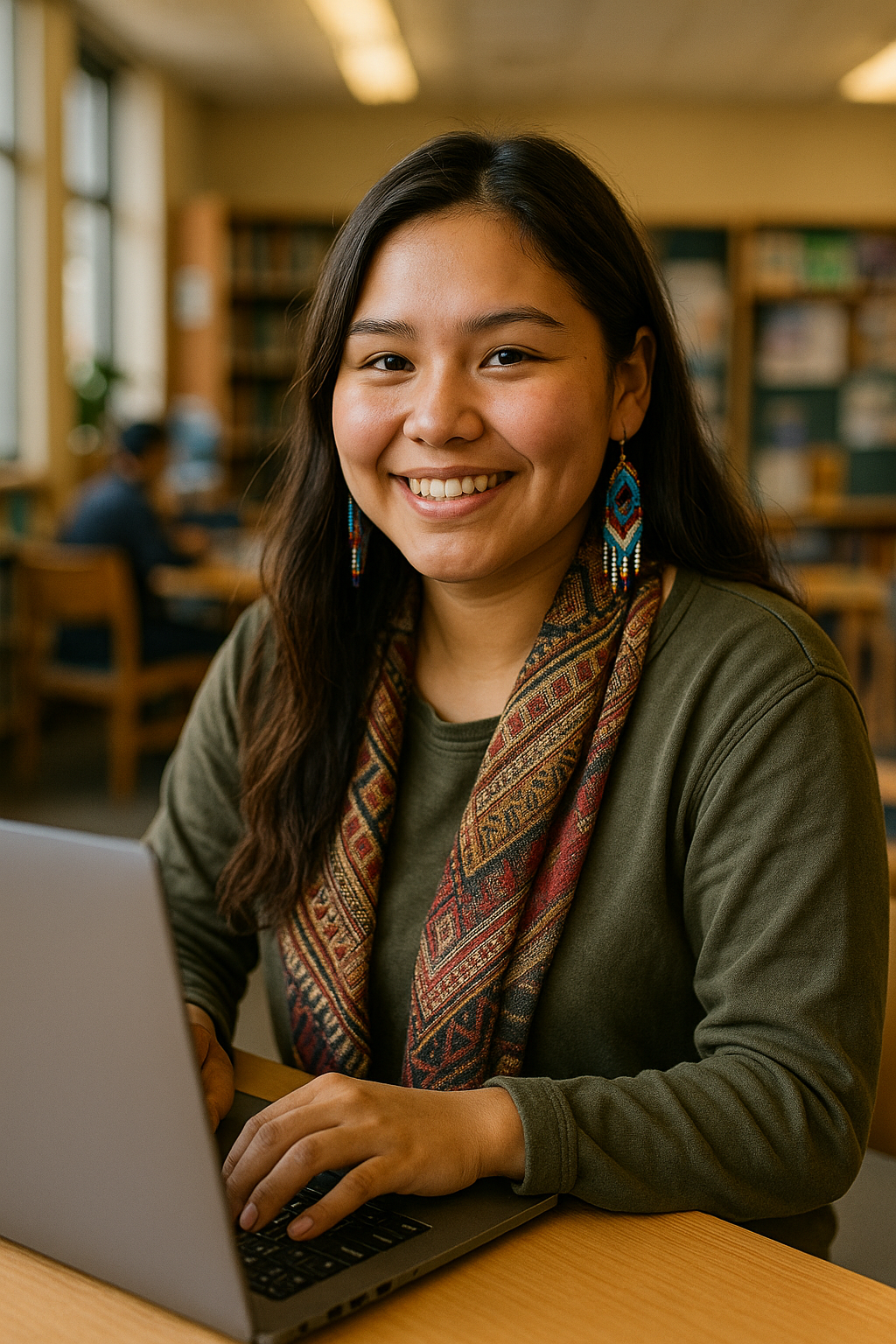 Smiling Indigenous woman working on laptop in community setting